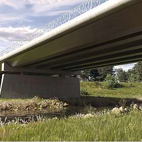 Bachemer Brücke im Stadtteil Bachem im Bau, verbindet Ufer über ruhigen Fluss im grünen Ahrtal.