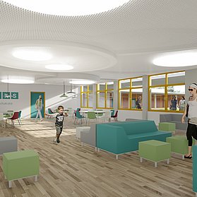 Moderne Innenraumgestaltung der Erich Kästner Realschule Plus im Stadtteil Bad Neuenahr im Ahrtal.
