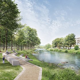 Kurpark Bad Neuenahr im Stadtteil Bad Neuenahr, im Bau, mit Spazierwegen und Ruheplätzen am Flussufer.