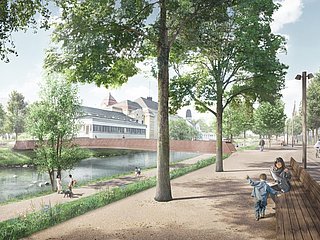 Visualisierung der in Planung befindlichen Casinobrücke im Stadtteil Bad Neuenahr, Ahrtal, mit Fluss und Spazierwegen.