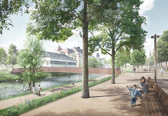 Visualisierung der in Planung befindlichen Casinobrücke im Stadtteil Bad Neuenahr, Ahrtal, mit Fluss und Spazierwegen.