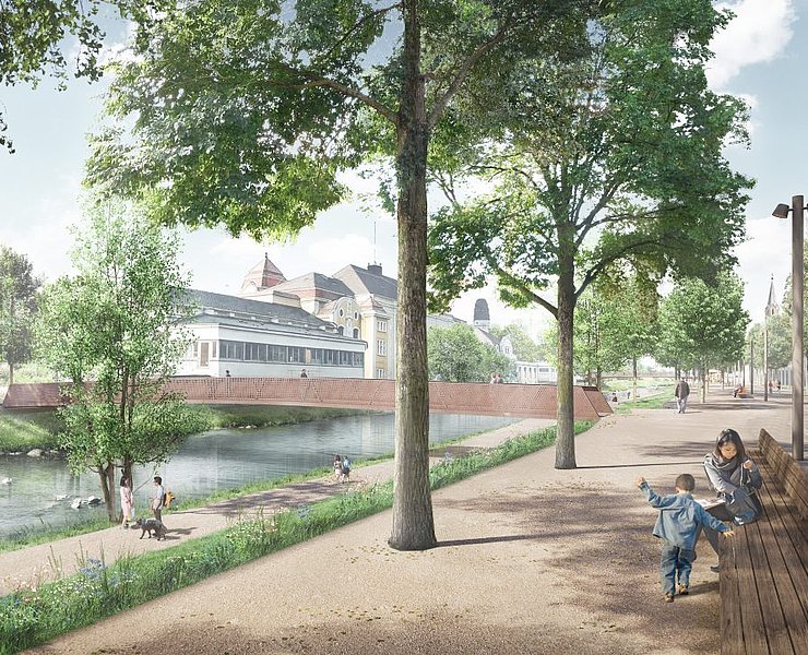 Visualisierung der in Planung befindlichen Casinobrücke im Stadtteil Bad Neuenahr, Ahrtal, mit Fluss und Spazierwegen.