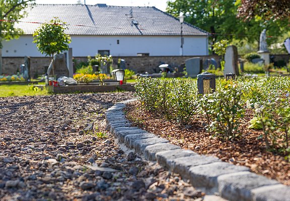 Ahrtor-Friedhof in Ahrweiler mit gepflegten Wegen, grünen Pflanzen und ruhiger Atmosphäre im Stadtteil Ahrweiler.