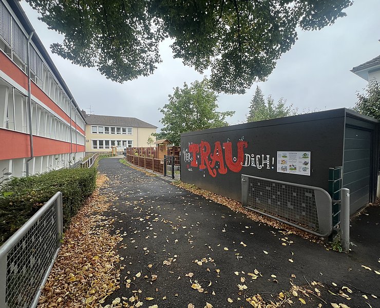 Aloisius-Grundschule in Ahrweiler mit Baustellenzaun und herbstlichem Laub auf dem Schulweg im Stadtteil Ahrweiler.