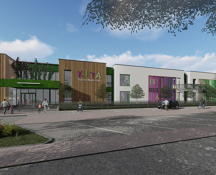 Die Visualisierung zeigt die Kita von vorne mit ihrer Holzfassade und ihren bunten Außenelementen.