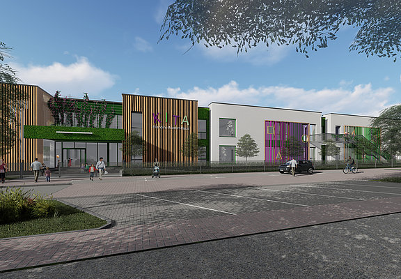 Die Visualisierung zeigt die Kita von vorne mit ihrer Holzfassade und ihren bunten Außenelementen.