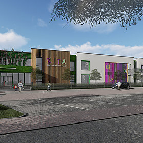 Die Visualisierung zeigt die Kita von vorne mit ihrer Holzfassade und ihren bunten Außenelementen.