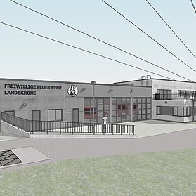 Visualisierung des im Bau befindlichen Feuerwehrhauses Heppingen im Stadtteil Heppingen, modernes städtisches Gebäude.
