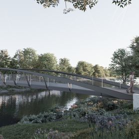 Maria-Hilf-Brücke in Bad Neuenahr-Ahrweiler: Moderne Fußgängerbrücke über ruhigen Fluss im grünen Ahrtal.