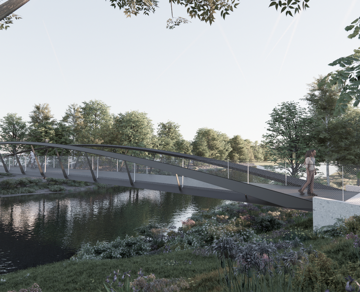 Maria-Hilf-Brücke in Bad Neuenahr-Ahrweiler: Moderne Fußgängerbrücke über ruhigen Fluss im grünen Ahrtal.