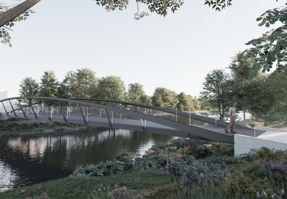 Maria-Hilf-Brücke in Bad Neuenahr-Ahrweiler: Moderne Fußgängerbrücke über ruhigen Fluss im grünen Ahrtal.