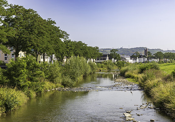 Idyllischer Blick auf den Stadtteil Bachem in Bad Neuenahr-Ahrweiler entlang eines ruhigen Flusslaufs.
