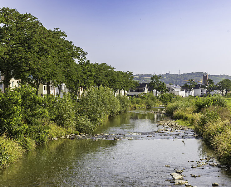 Idyllischer Blick auf den Stadtteil Bachem in Bad Neuenahr-Ahrweiler entlang eines ruhigen Flusslaufs.