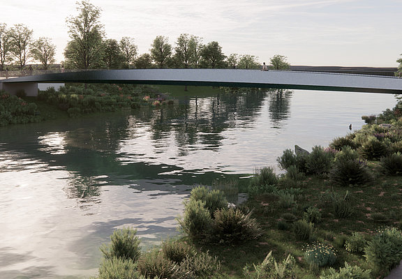Obertorbrücke in Bad Neuenahr-Ahrweiler: Moderne Fußgängerbrücke über die Ahr in naturnaher Umgebung.