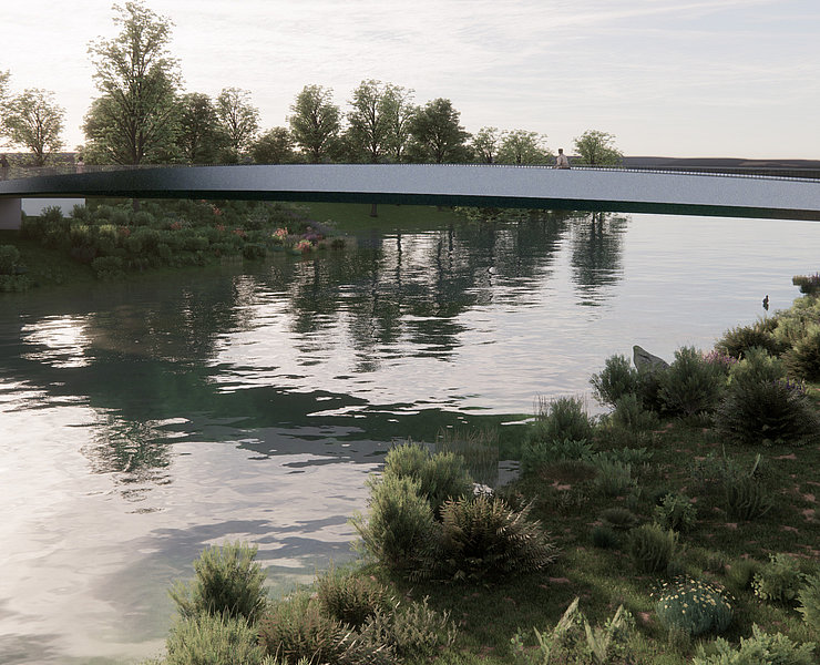 Obertorbrücke in Bad Neuenahr-Ahrweiler: Moderne Fußgängerbrücke über die Ahr in naturnaher Umgebung.