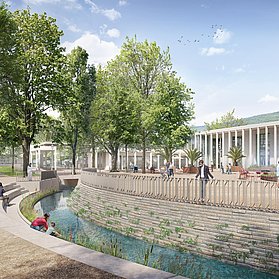 Kurpark Bad Neuenahr im Stadtteil Bad Neuenahr im Bau: Moderne Parkanlage mit Wasserlauf und viel Grün.