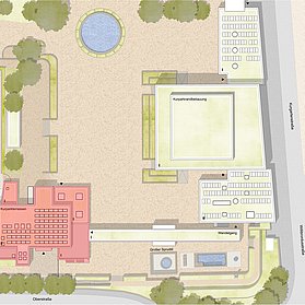 Eine Ansicht der Kurpark-Terrassen in Bad Neuenahr in der Vogelsperspektive mit Brunnen,Eventfläche und Heilwasser