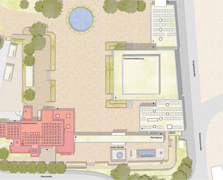 Eine Ansicht der Kurpark-Terrassen in Bad Neuenahr in der Vogelsperspektive mit Brunnen,Eventfläche und Heilwasser