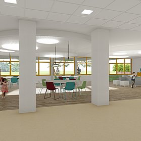Erich Kästner Realschule Plus in Bad Neuenahr im Bau: moderner, heller Lern- und Gemeinschaftsraum für Schüler.