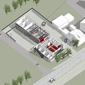Visualisierung des im Bau befindlichen Feuerwehrhauses Heppingen im Stadtteil Heppingen mit Einsatzfahrzeugen und umliegender Infrastruktur.