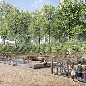 Kurpark Bad Neuenahr im Stadtteil Bad Neuenahr im Bau, mit grünen Hanglagen, Sitzbänken und barrierefreiem Wasserbecken.