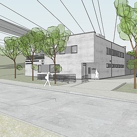 Visualisierung des im Bau befindlichen Feuerwehrhauses im Stadtteil Heppingen als modernes städtisches Gebäude.