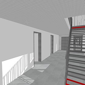 Von einem Flur geht eine Treppe nach oben und zwei Räume gehen nach links ab